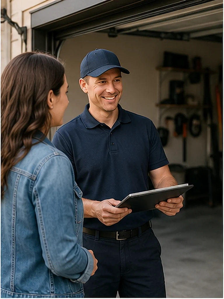 Homeowner discussing garage door repair service area