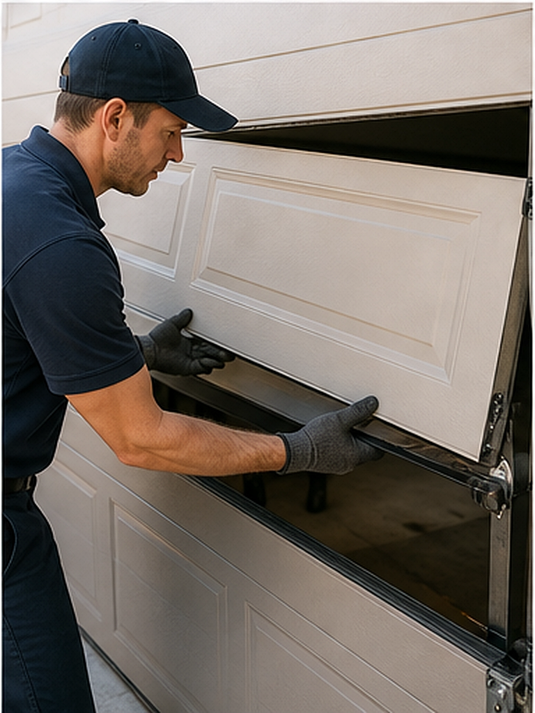 Damaged garage door panel repair work