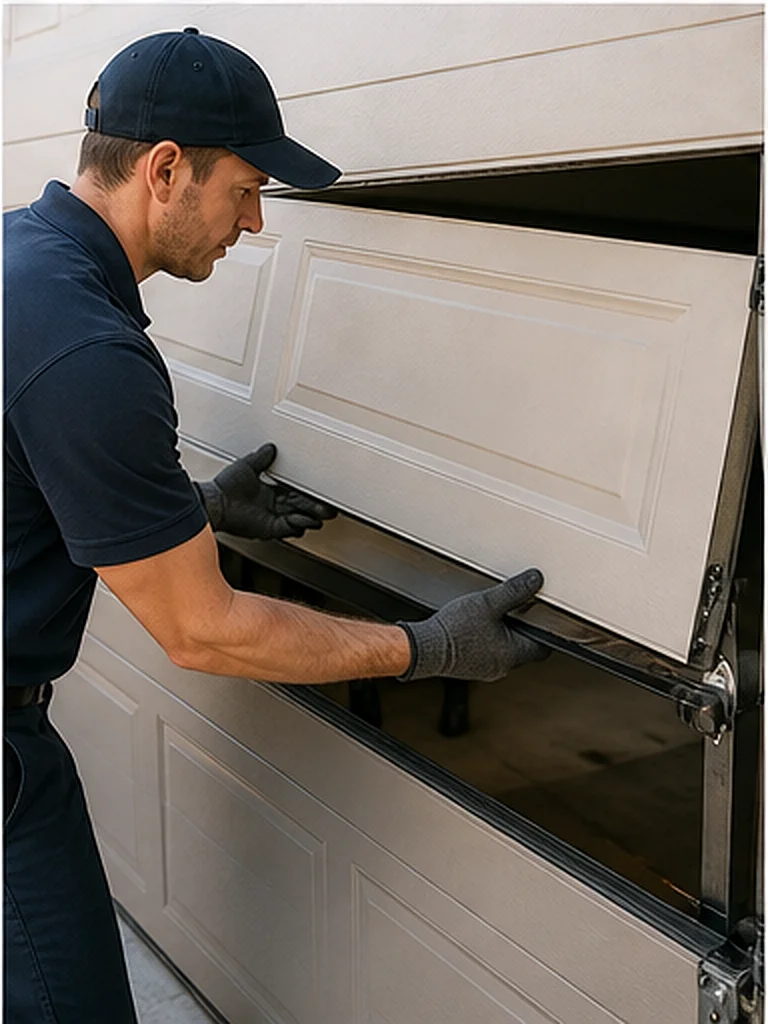Technician repairing a damaged garage door panel section
